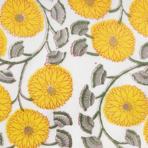 Tela india cortada a medida con estampado de bloques a mano, tela de voile de algodón amarillo con girasoles