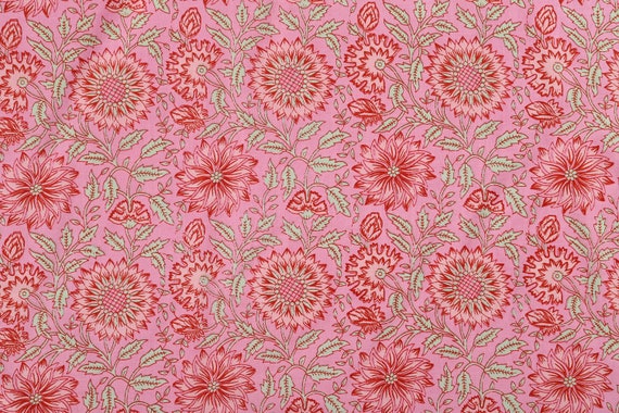 Pretty Sun Flower Pink Color Block Print Organic Cotton from India Caftan Design, Kimono, Dress Making Fabric By the Yard