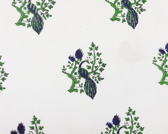 Peacock Print Fabric, Summer Dress Fabric, Hand Block Printed Voile Fabric, Sewing Fabric, Tunic Fabric, Curtain Fabric By The Yard