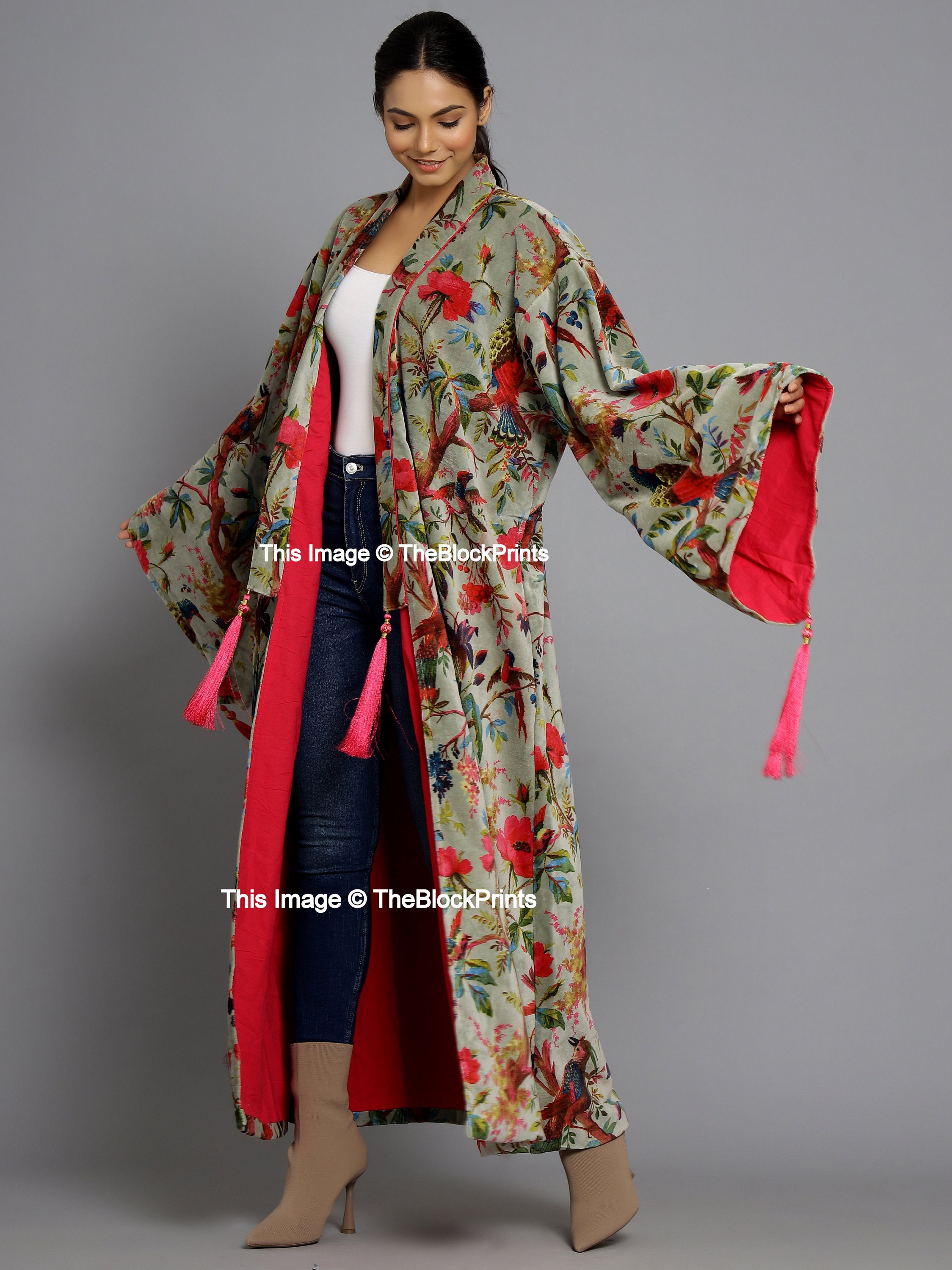 Ofmd Robe OFMD Green Bird Velvet Banyan Fabric Kimono Velvet Robe Long, Original ...