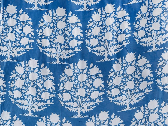 Floral Print, Blue White Color Tree Print Fabric , Indian Fabric, Indian Cotton, fabric by the yard, Quilting Fabric, Sewing Cotton