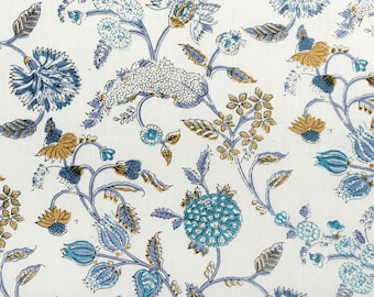 Blue White Beautiful Hand Block Printed Floral Fabric, Cotton Fabric, Indian Fabric, fabric by yard, Block Printed Cotton womens clothing