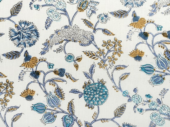 Blue White Beautiful Hand Block Printed Floral Fabric, Cotton Fabric, Indian Fabric, fabric by yard, Block Printed Cotton womens clothing