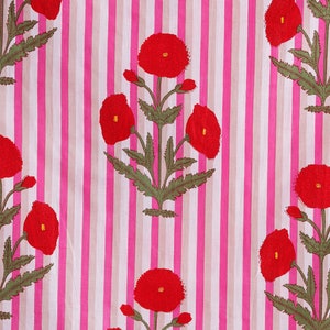 Beautiful Poppy Flower Hand Block Printed 100% Cotton Fabric By the yard, Indian fabric, Cushion Cover fabric, Fabric for Curtains