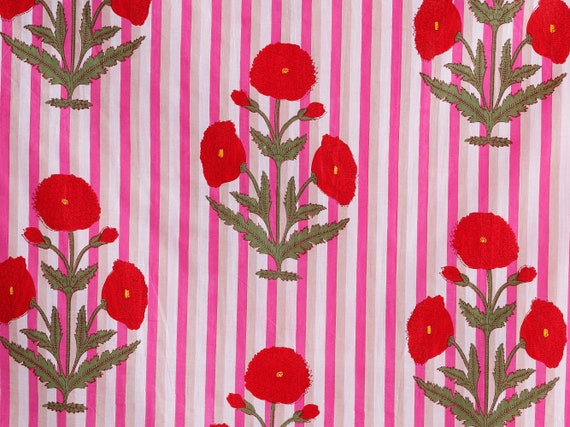 Beautiful Poppy Flower Hand Block Printed 100% Cotton Fabric By the yard, Indian fabric, Cushion Cover fabric, Fabric for Curtains