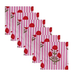 Sweet pink red Indian Poppy Flower Hand Block Printed Cotton Cloth Napkins for Wedding Events Home Decor Restaurant Kitchens Dining Rooms
