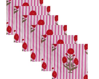 Sweet pink red Indian Poppy Flower Hand Block Printed Cotton Cloth Napkins for Wedding Events Home Decor Restaurant Kitchens Dining Rooms