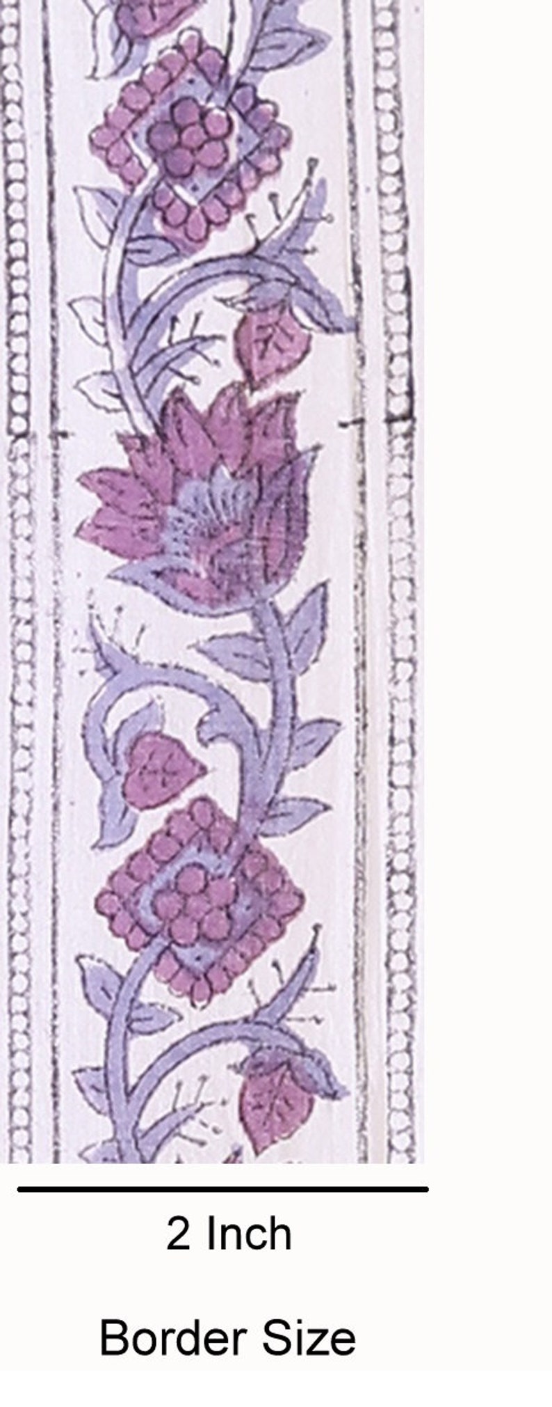 May include: A close-up of a 2-inch wide floral border with a repeating pattern of purple flowers and leaves on a white background. The border is outlined with a black and white dotted line.