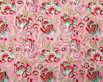 Tela de algodón con estampado floral rosa, tela con estampado de bloques, tela de algodón india, tela para confección, tela de algodón cortada a medida, costura artesanal