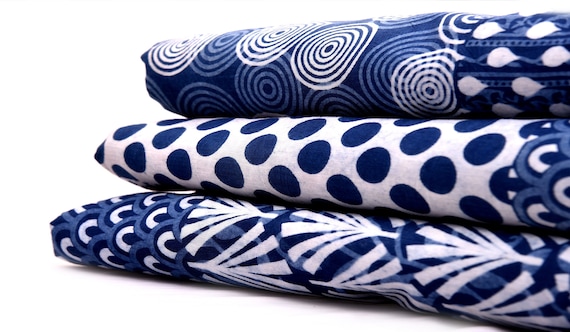 Indigo fabric, Block print fabric, cotton Fabric, Modern Fabric, womesn clothing dressmaking fabric patch look printed fabric 1 to 20 Yard