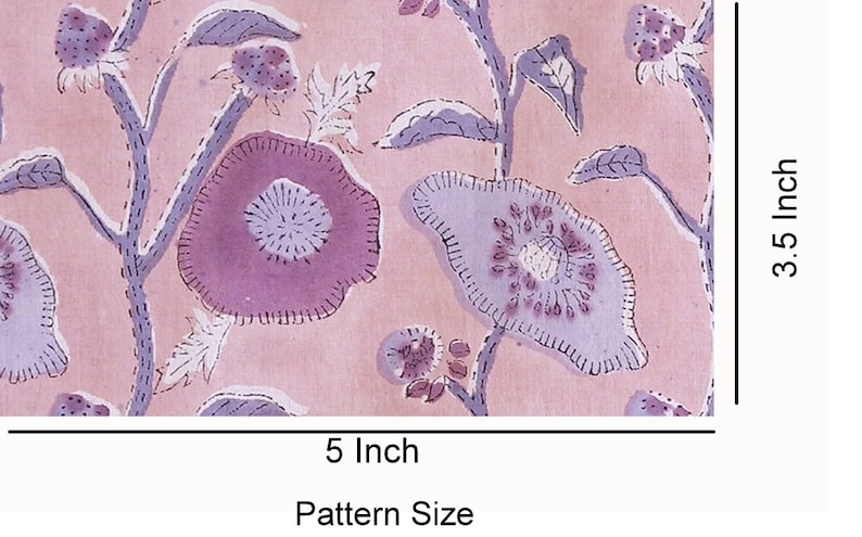 May include: A pink fabric with a floral pattern. The pattern features purple flowers with a white center and green leaves. The fabric is 5 inches wide and 3.5 inches tall.