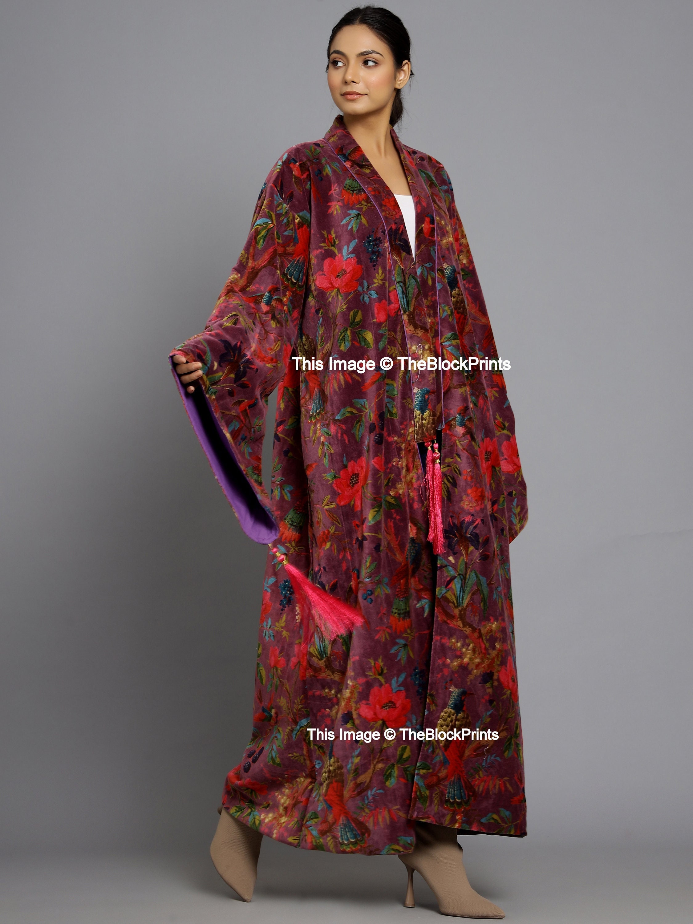 Ofmd Robe OFMD Violet Bird Velvet Banyan Fabric Kimono Cotton Velvet Robe Long ...