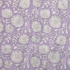 Purple & White Indian Floral Hand Block Printed 100% Cotton Cloth, Fabric by the Yard, Fabric for Curtains Pillows Dress Making Fabric