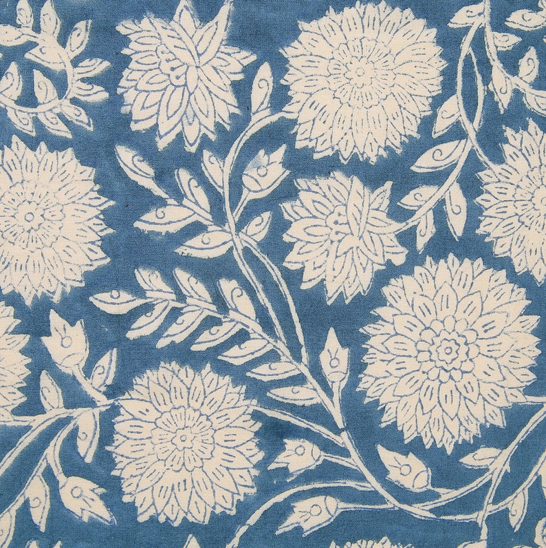 Puede incluir: Una tela azul con un patr&oacute;n floral blanco. Las flores son estilizadas y tienen un dise&ntilde;o repetitivo. La tela tiene un aspecto texturizado.