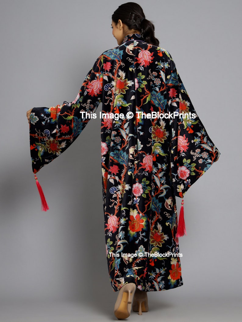 Black Floral Velvet Banyan Fabric Kimono Cotton Velvet Robe Long, Original OFMD break up robe Printed Kimono With Tassels THEBLOCKPRINT image 5