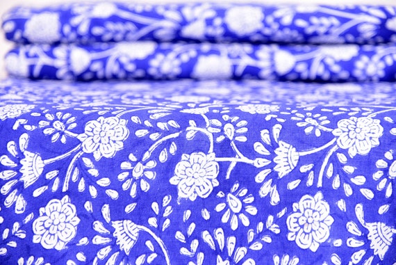 Ocean Blue Floral Print Fabric, Hand Block Print Indian Fabric