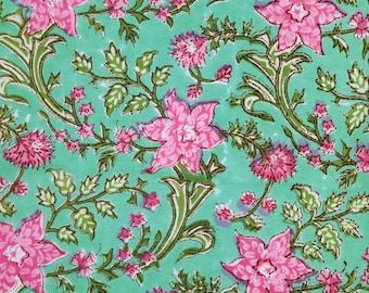 Beautiful Green Floral Mughal Print Fabric, Hand Block Print Indian Fabric Sold by yard, Block Print Fabric, Fabric For Dress, Fine Print