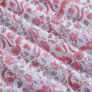 Salmon Pink, Thulian Pink, White Indian Floral Hand Block Printed 100% Pure Cotton Cloth, Fabric By The Yard, Women's Clothing Curtains
