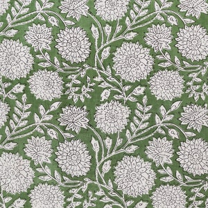 Green & White Indian Floral Hand Block Printed 100% Cotton Cloth, Fabric by the Yard, Fabric for Curtains Pillows Dress Making Fabric