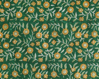 Green & Orange Indian Floral Hand Block Printed 100% Cotton Cloth, Fabric by the Yard, Fabric for Curtains Pillows Dress Making Fabric