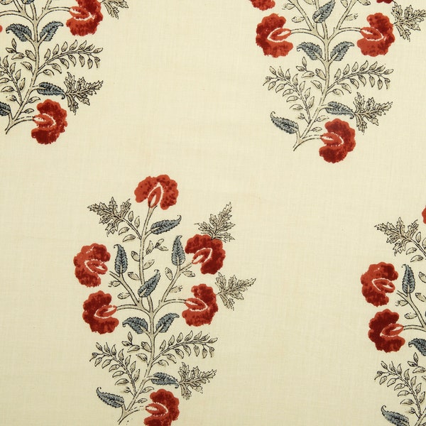 Mughal Flower Print Fabric, Indian Cotton Fabric, Block Print Beige Red Print Fabric, Curtain Fabric, Dress Fabric By The Yard