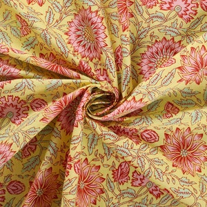 Beautiful Yellow Red Hand Block Printed Floral Fabric, Cotton Fabric, Indian Fabric, fabric by yard, Block Printed Cotton womens clothing