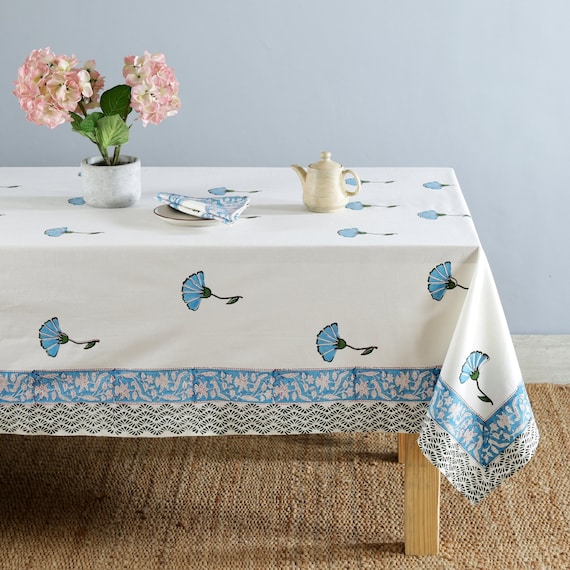 Indian Block Print tablecloth, Floral Cotton Table Cover, Table Cloth Runner Napkins Set ,Aqua Jaipur Tablecloth, Rectangle Table Cloth