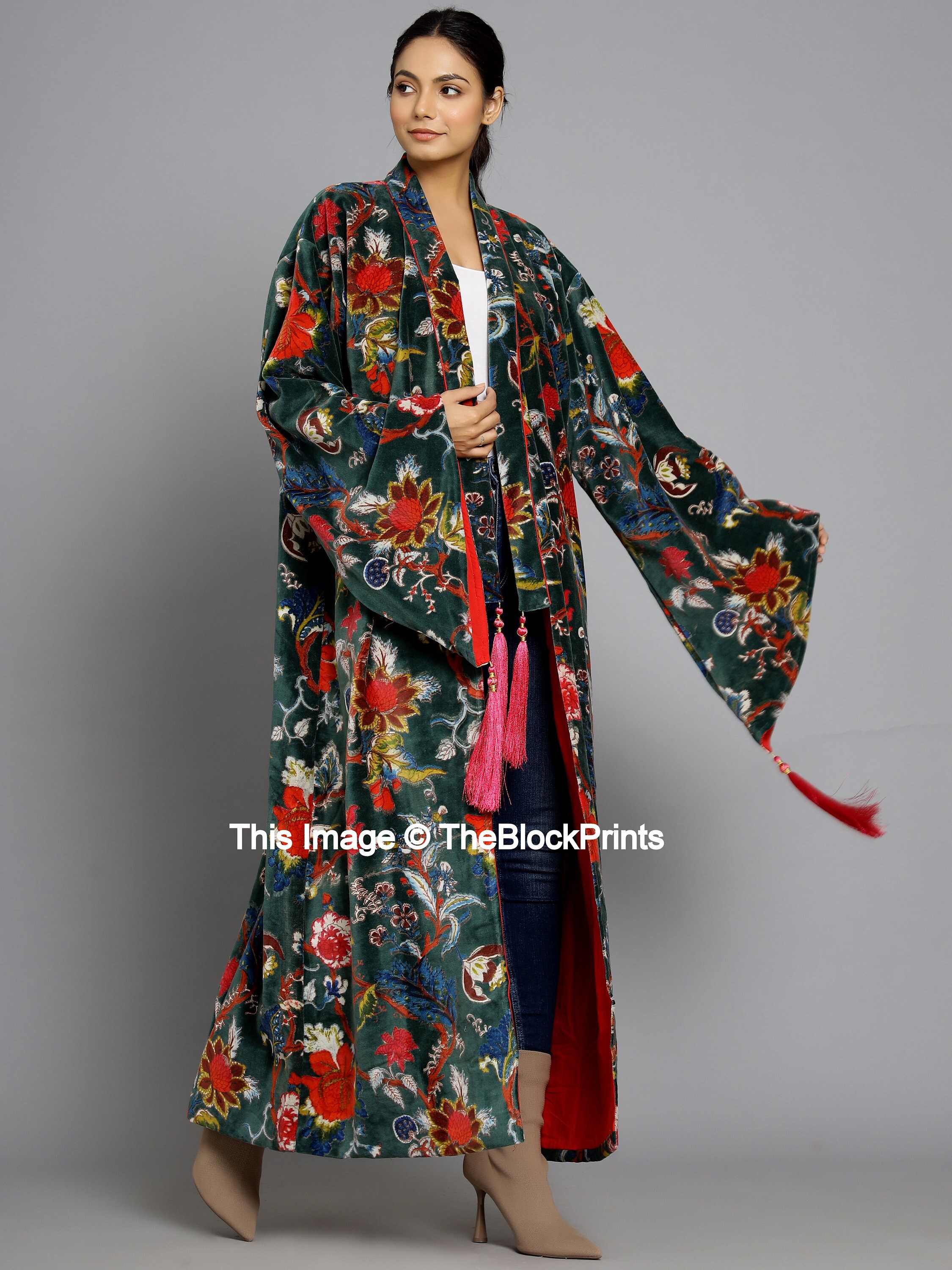 Ofmd Robe OFMD Green Velvet Banyan Fabric Kimono Cotton Velvet Robe Long ...