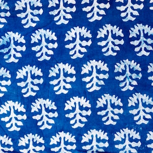 By The Yard Indigo Blue Leaf Print Cotton Fabric, Indian Hand Block Printed Natural Vegetable Dye Sewing Fabric, Tablecloth Fabric