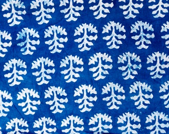 By The Yard Indigo Blue Leaf Print Cotton Fabric, Indian Hand Block Printed Natural Vegetable Dye Sewing Fabric, Tablecloth Fabric