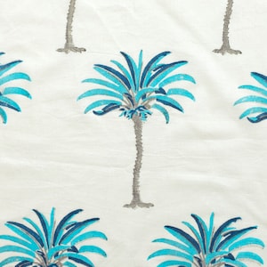 Palm Tree print cotton fabric block print fabric dress Vegetable dyed Indian fabric robe fabric by yard womens clothing White on Blue Color