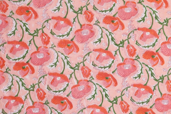 Poppy Print Peach, Pink & Green Hand block print, floral print, soft cotton fabric, Fabric floral fabric Sold by Yard Continous Cut 44" wide