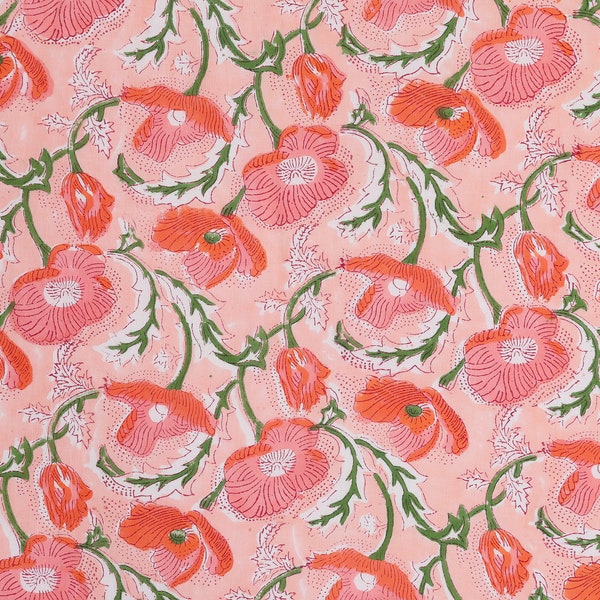 Poppy Print Peach, Pink & Green Hand block print, floral print, soft cotton fabric, Fabric floral fabric Sold by Yard Continous Cut 44" wide