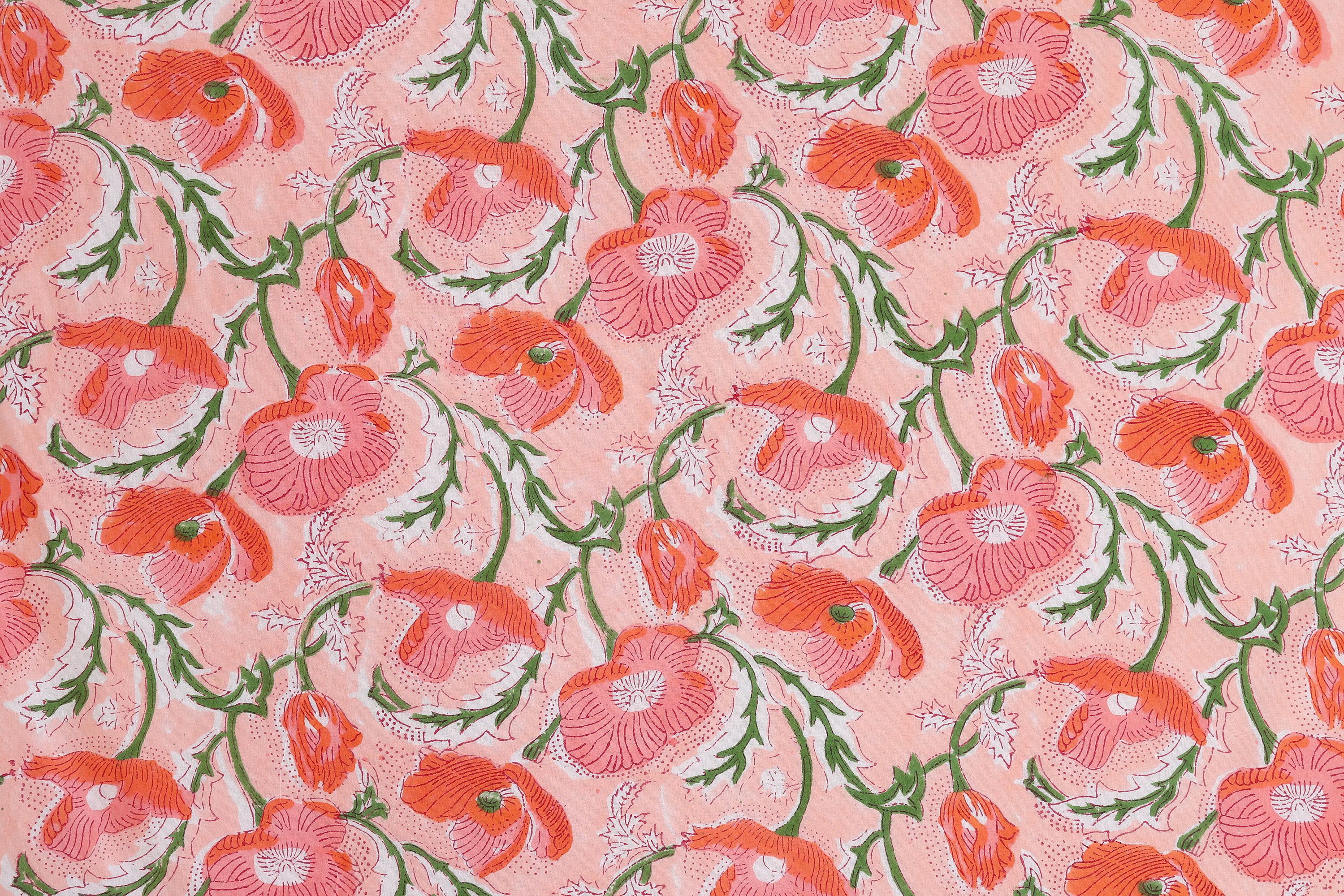 Poppy Print Peach, Pink & Green Hand block print, floral print, soft cotton fabric, Fabric floral fabric Sold by Yard Continous Cut 44" wide