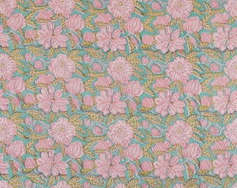 Beautiful Green Pink Floral Printed Cotton Hand Block Print Fabric, Fabric By The Yard, Women Dressmaking Fabric, Running Loose Fabric