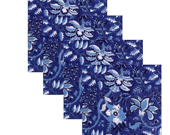 Blue on White Indian Hand Block Floral Printed Cotton Cloth Napkins, Wedding Events Home Party, 9x9"- Cocktail 20x20"- Dinner