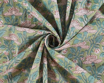 Sage Pistachio Floral Block Print Fabric, Indian Cotton by the Yard, Soft Material for Baby Clothes & Quilting, Boho Sewing Textile