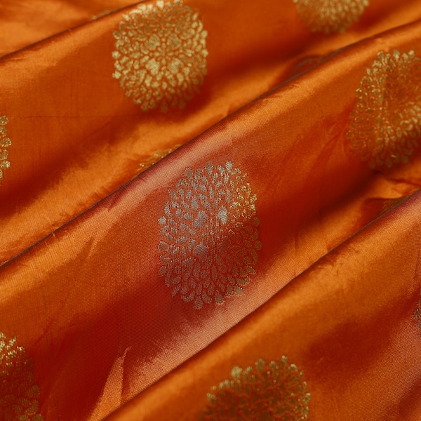 Indian Fabric Wedding Dress Fabric, Brocade Fabric by the yard in Orange Gold, Banarasi Brocade fabric for lengha , Banaras Fabric