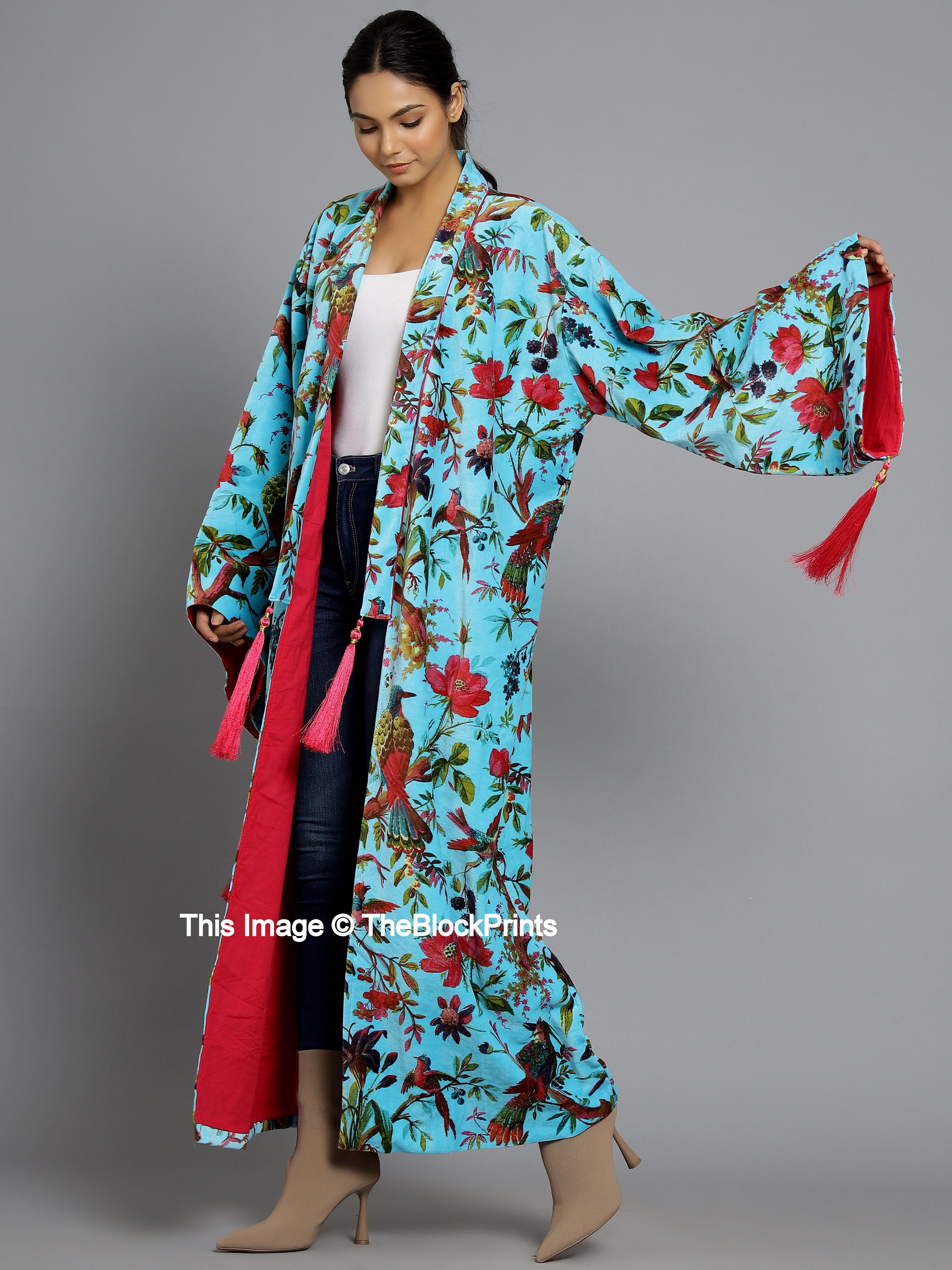 Ofmd Robe OFMD Turquoise Blue Bird Velvet Banyan Fabric Kimono Cotton Velvet Robe ...