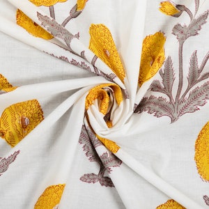 floral print cotton fabric block print fabric dress Vegetable dyed Indian fabric robe fabric by yard womens clothing White on Yellow Gray image 3