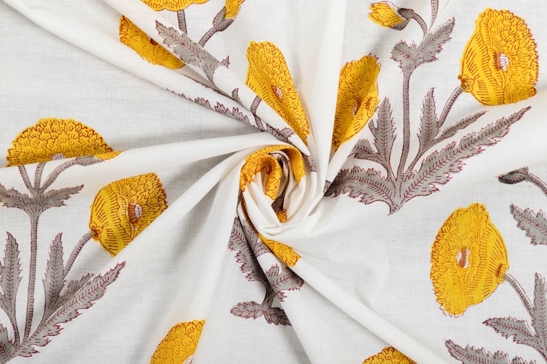 floral print cotton fabric block print fabric dress Vegetable dyed Indian fabric robe fabric by yard womens clothing White on Yellow Gray image 3