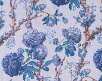 Beautiful Blue Flower Printed Fabric, Cotton Fabric, Indian Fabric, fabric by yard, Block Printed Cotton womens clothing robe By The Yard