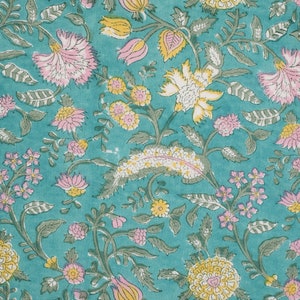 See Green Floral Print Fabric, Hand Block Print India Fabric Sold by yard, Block Print Fabric, Fabric For Dress, Beautiful Fine Print