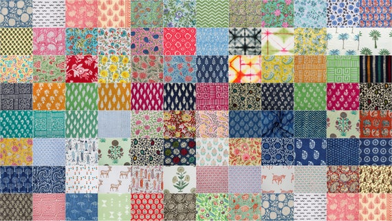 100 Pcs Pre-cut Cotton Hand Block Print Fabric Squares Fabric Quilt Indian  