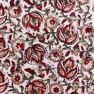 Indian Hand Block Print Fabric--Hand Dyed/Hand Printed--Beige & Red Floral Hand Block Cotton Fabric--Indian Cotton Fabric By THE YARD