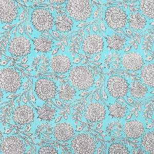 Turquoise Blue & White Indian Floral Hand Block Printed 100% Cotton Cloth, Fabric by the Yard, Fabric Curtains Pillows Dress Making Fabric