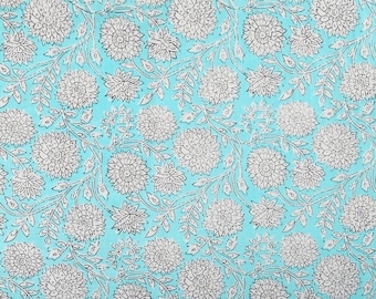 Turquoise Blue & White Indian Floral Hand Block Printed 100% Cotton Cloth, Fabric by the Yard, Fabric Curtains Pillows Dress Making Fabric