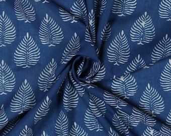 Indigo Cotton Fabric: Hand Block Printed Leaf Design, Vegetable Dyed