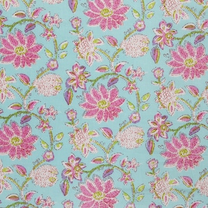 Sea Green Pink Lotus Flower Print Fabric, Hand Block Print India Fabric Sold by yard, Block Print Fabric, Fabric For Dress, Beautiful Print