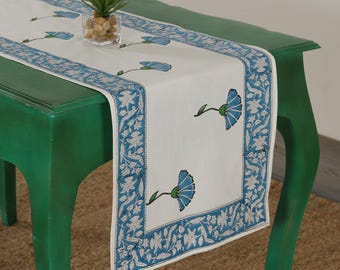 Turquoise Blue Hand Block Printed Cotton Table Runner: Floral Kitchen, Dining & Thanksgiving Decor